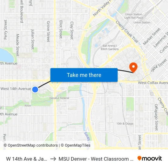 W 14th Ave & Java Ct to MSU Denver - West Classroom Building map