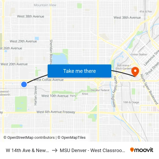 W 14th Ave & Newland St to MSU Denver - West Classroom Building map