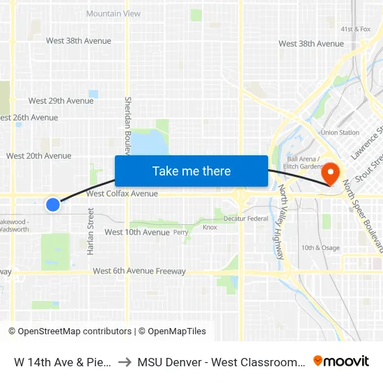 W 14th Ave & Pierce St to MSU Denver - West Classroom Building map