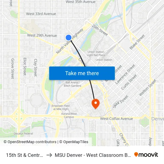 15th St & Central St to MSU Denver - West Classroom Building map
