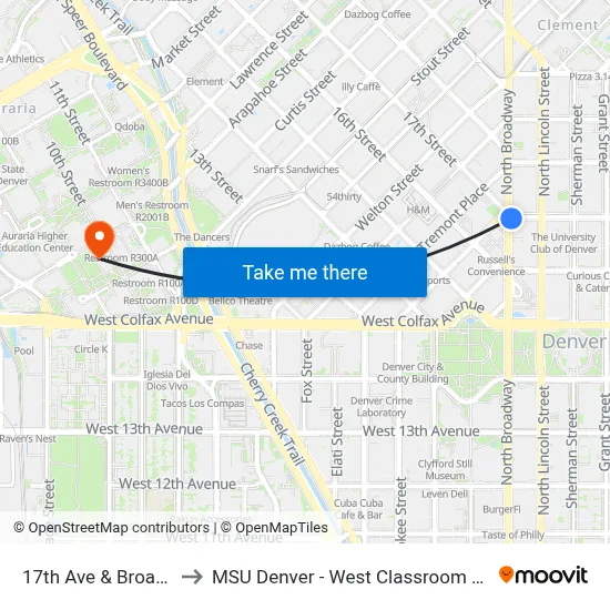 17th Ave & Broadway to MSU Denver - West Classroom Building map