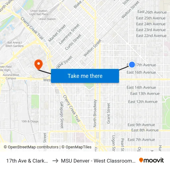 17th Ave & Clarkson St to MSU Denver - West Classroom Building map