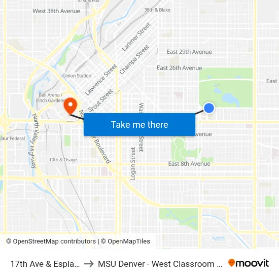 17th Ave & Esplanade to MSU Denver - West Classroom Building map