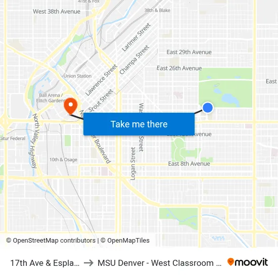 17th Ave & Esplanade to MSU Denver - West Classroom Building map