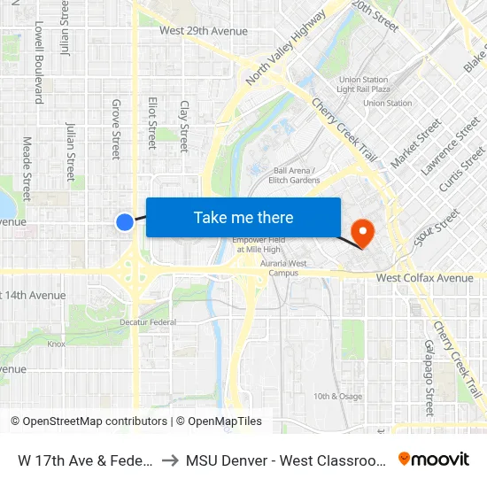 W 17th Ave & Federal Blvd to MSU Denver - West Classroom Building map