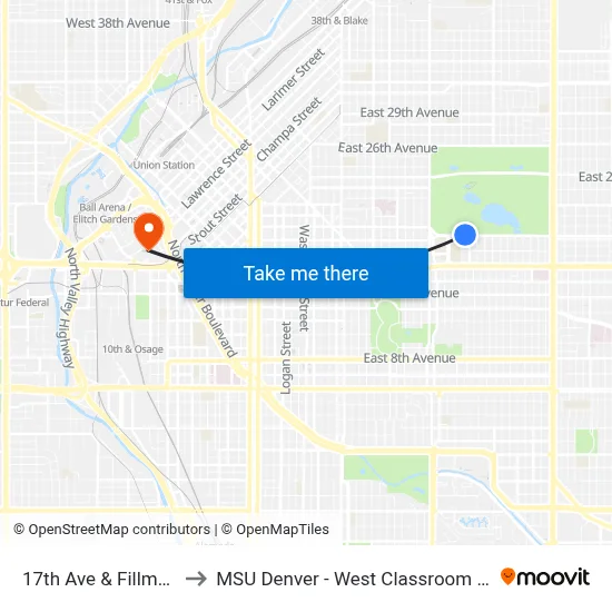 17th Ave & Fillmore St to MSU Denver - West Classroom Building map