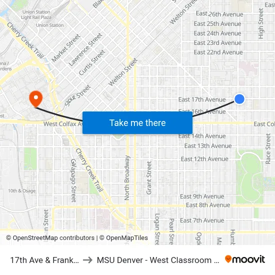 17th Ave & Franklin St to MSU Denver - West Classroom Building map