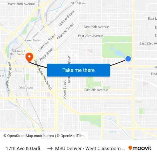 17th Ave & Garfield St to MSU Denver - West Classroom Building map