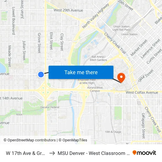 W 17th Ave & Grove St to MSU Denver - West Classroom Building map