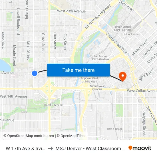 W 17th Ave & Irving St to MSU Denver - West Classroom Building map