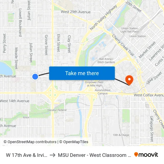 W 17th Ave & Irving St to MSU Denver - West Classroom Building map