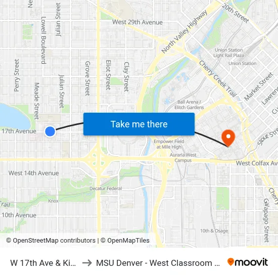 W 17th Ave & King St to MSU Denver - West Classroom Building map