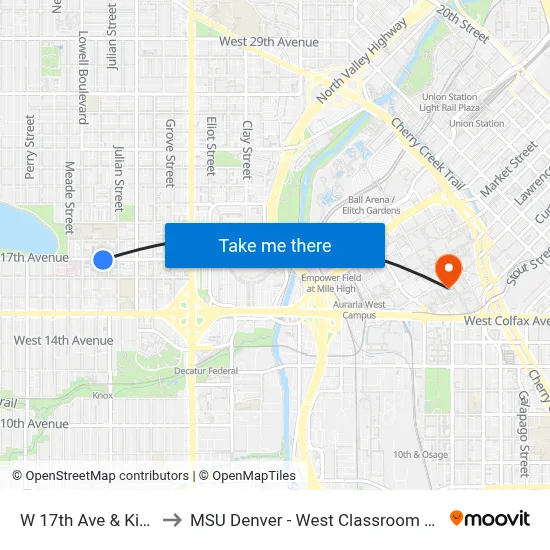 W 17th Ave & King St to MSU Denver - West Classroom Building map