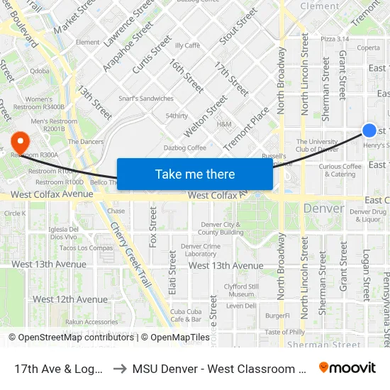 17th Ave & Logan St to MSU Denver - West Classroom Building map