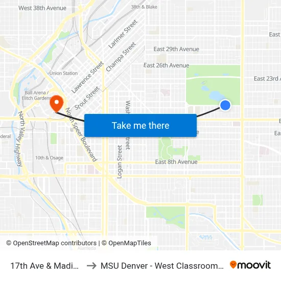17th Ave & Madison St to MSU Denver - West Classroom Building map