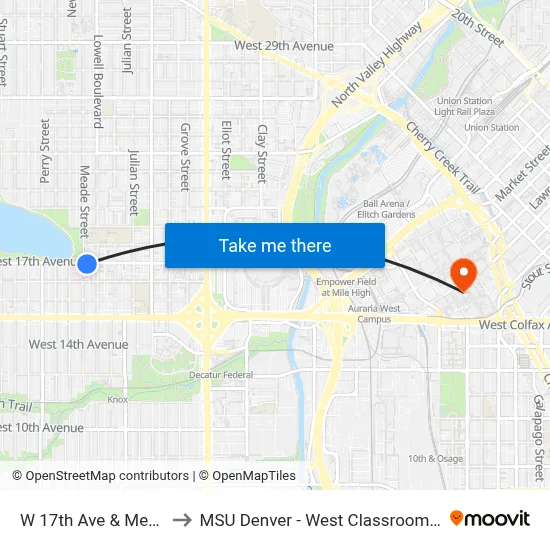 W 17th Ave & Meade St to MSU Denver - West Classroom Building map