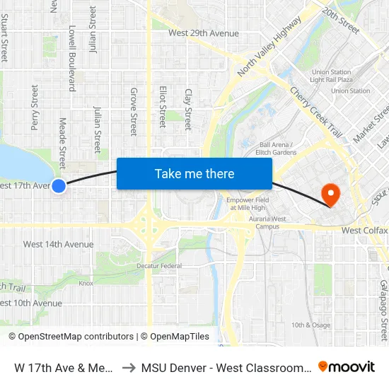 W 17th Ave & Meade St to MSU Denver - West Classroom Building map