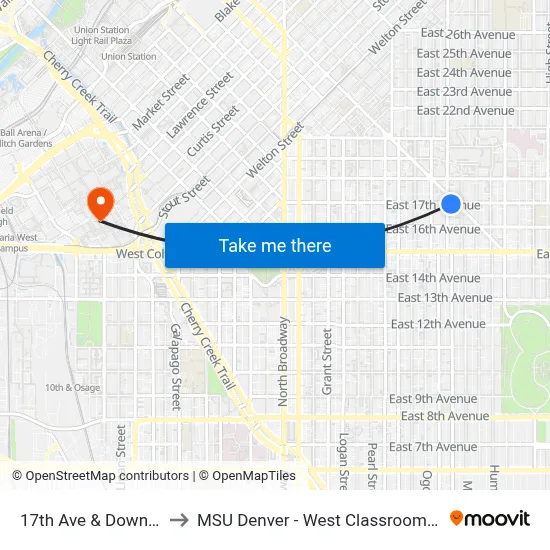 17th Ave & Downing St to MSU Denver - West Classroom Building map