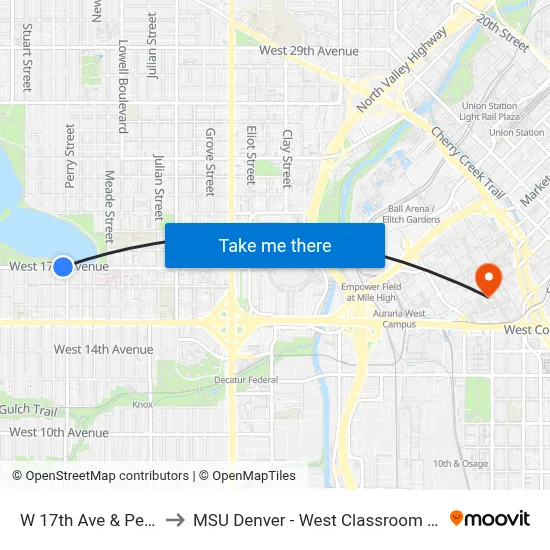 W 17th Ave & Perry St to MSU Denver - West Classroom Building map