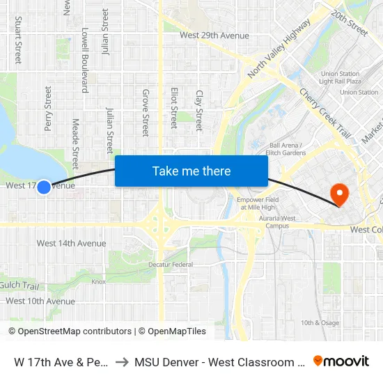 W 17th Ave & Perry St to MSU Denver - West Classroom Building map