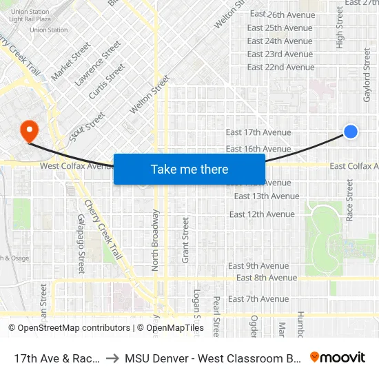 17th Ave & Race St to MSU Denver - West Classroom Building map
