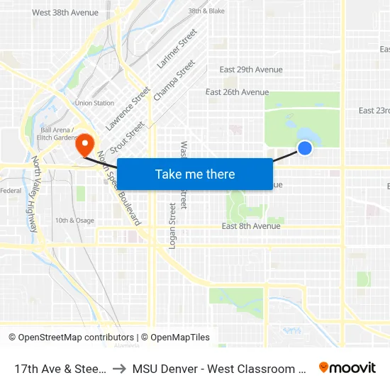 17th Ave & Steele St to MSU Denver - West Classroom Building map