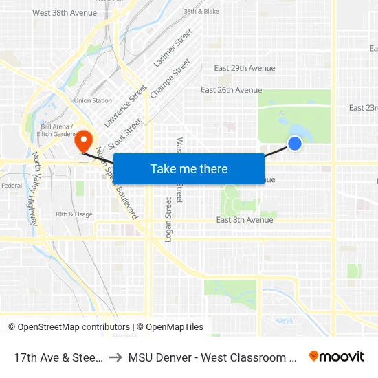 17th Ave & Steele St to MSU Denver - West Classroom Building map