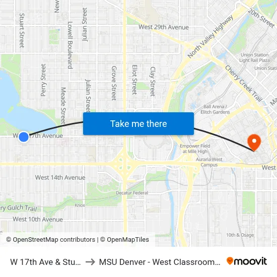 W 17th Ave & Stuart St to MSU Denver - West Classroom Building map