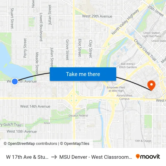 W 17th Ave & Stuart St to MSU Denver - West Classroom Building map