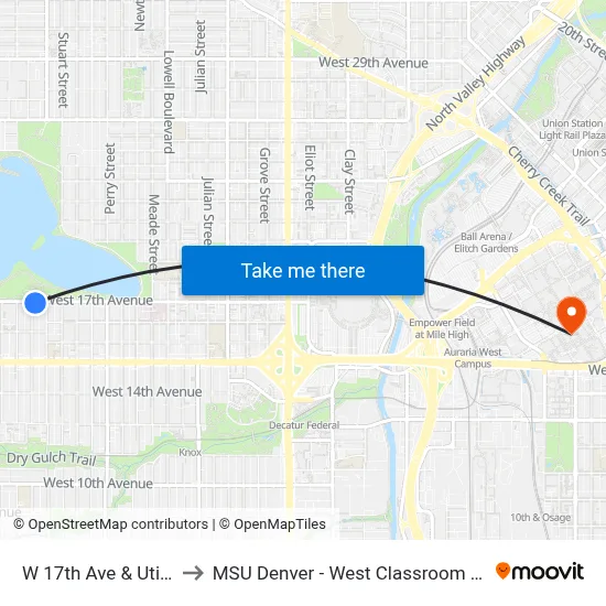 W 17th Ave & Utica St to MSU Denver - West Classroom Building map