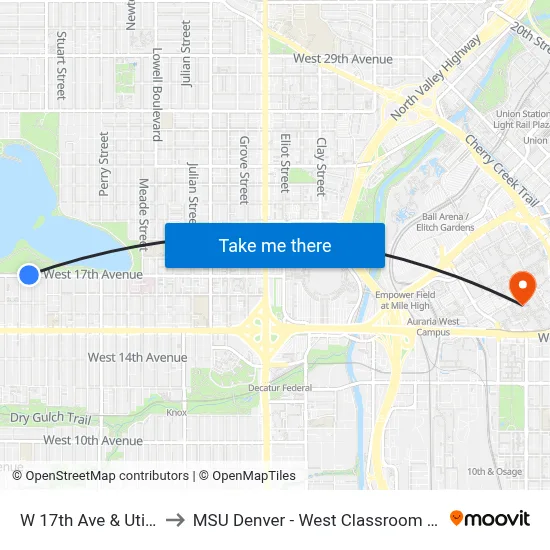 W 17th Ave & Utica St to MSU Denver - West Classroom Building map