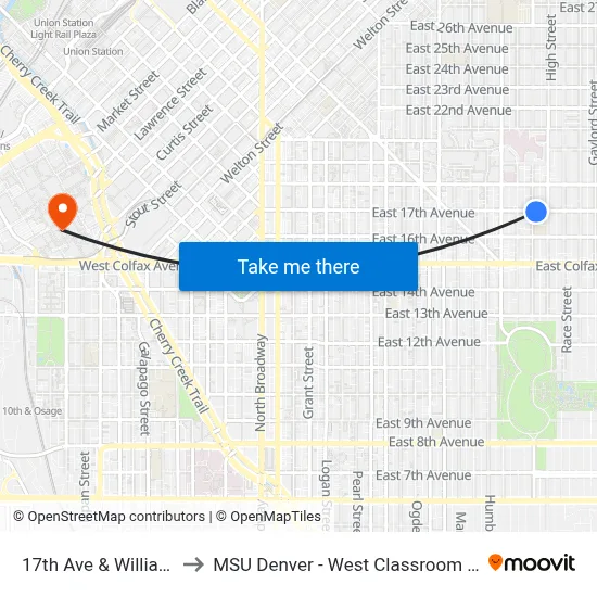 17th Ave & Williams St to MSU Denver - West Classroom Building map