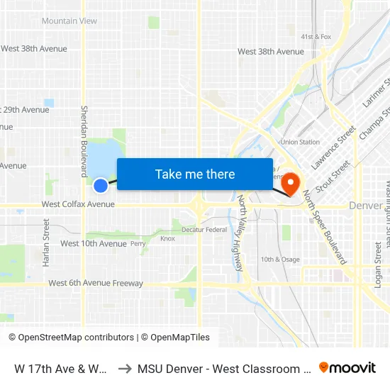 W 17th Ave & Wolff St to MSU Denver - West Classroom Building map