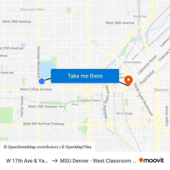 W 17th Ave & Yates St to MSU Denver - West Classroom Building map