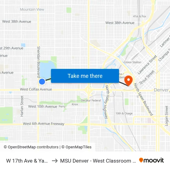 W 17th Ave & Yates St to MSU Denver - West Classroom Building map