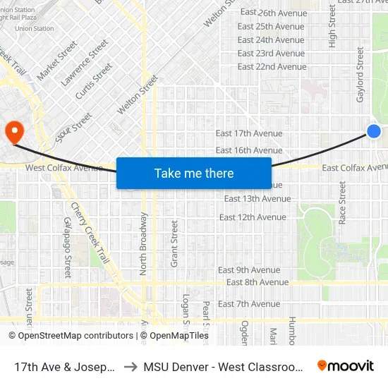 17th Ave & Josephine St to MSU Denver - West Classroom Building map