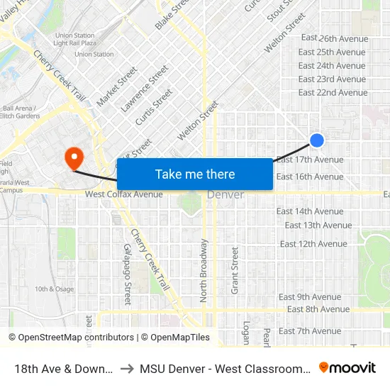18th Ave & Downing St to MSU Denver - West Classroom Building map