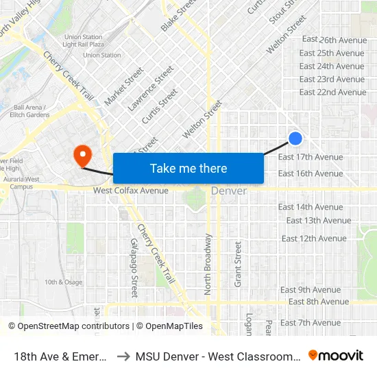 18th Ave & Emerson St to MSU Denver - West Classroom Building map