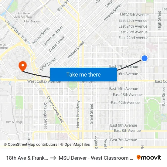 18th Ave & Franklin St to MSU Denver - West Classroom Building map
