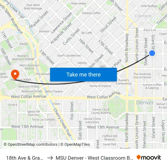 18th Ave & Grant St to MSU Denver - West Classroom Building map