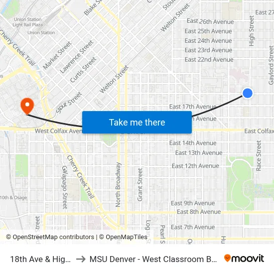 18th Ave & High St to MSU Denver - West Classroom Building map