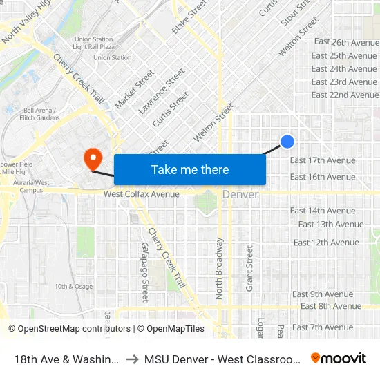 18th Ave & Washington St to MSU Denver - West Classroom Building map