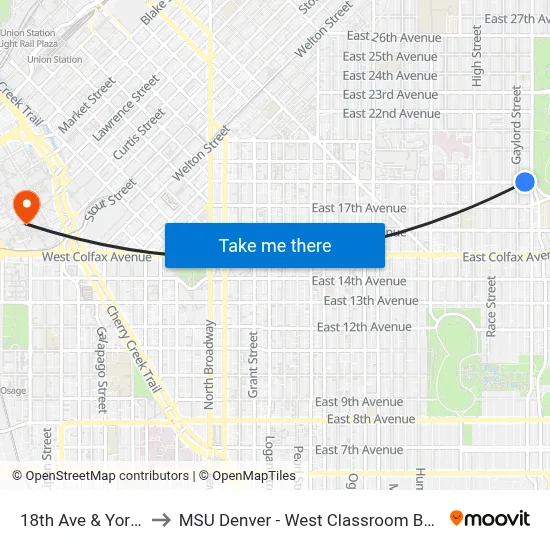 18th Ave & York St to MSU Denver - West Classroom Building map