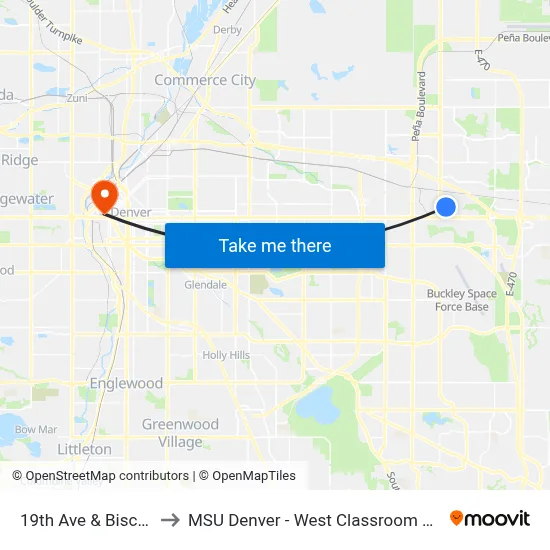 19th Ave & Biscay St to MSU Denver - West Classroom Building map