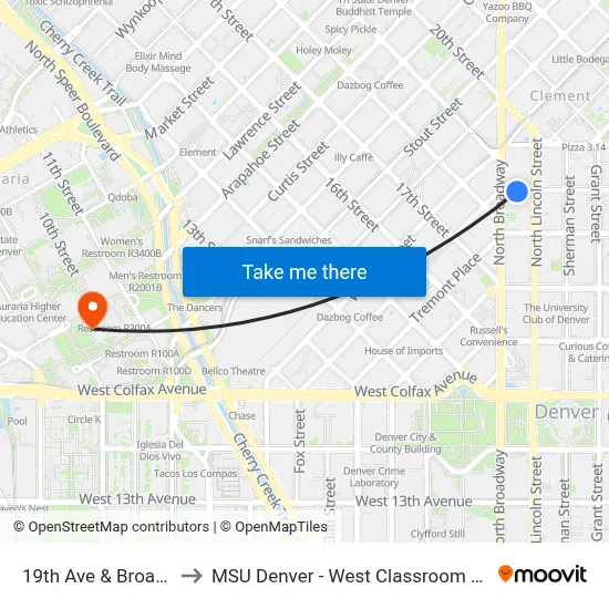 19th Ave & Broadway to MSU Denver - West Classroom Building map
