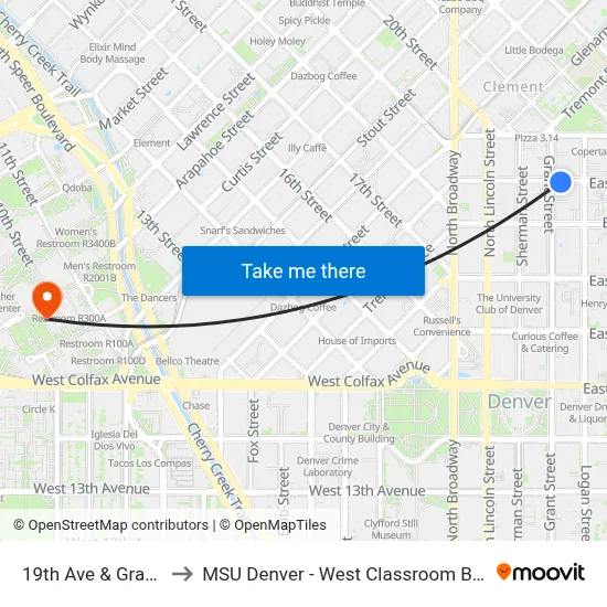 19th Ave & Grant St to MSU Denver - West Classroom Building map