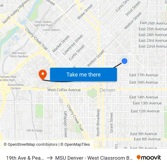 19th Ave & Pearl St to MSU Denver - West Classroom Building map