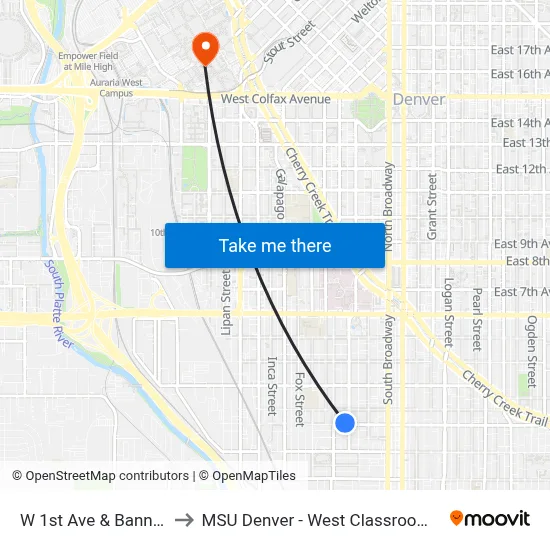 W 1st Ave & Bannock St to MSU Denver - West Classroom Building map