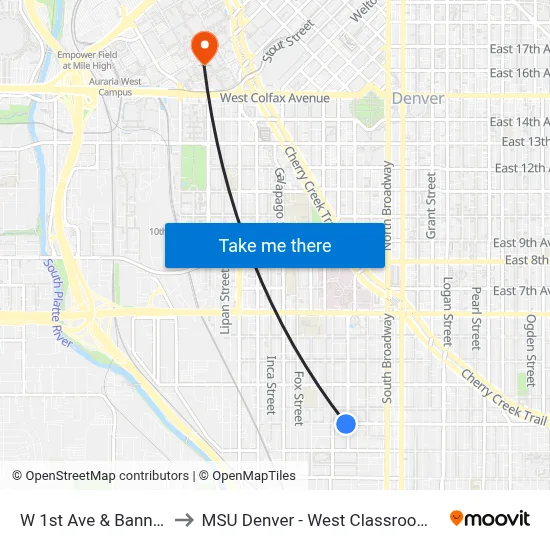 W 1st Ave & Bannock St to MSU Denver - West Classroom Building map