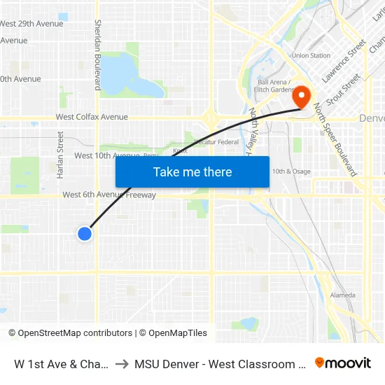 W 1st Ave & Chase St to MSU Denver - West Classroom Building map